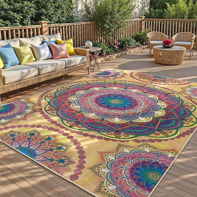 Arenarug Meditation Indoor Outdoor Rug 5x8 ft Mandala Pattern Rug Boho Style,Yoga Meditation Mat Picnic Rug for Patio Living Room Porch Garden Deck Backyard Easy to Clean Non Shedding Non-Slip