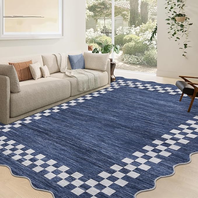 GarveeHome Washable Rug 5x7 for Living Room Large Bedroom Scalloped Rug | Non Slip Stain Resistant Modern Border Throw Carpet Soft Neutral Rug for Dining Room Nursery Home Office, Blue
