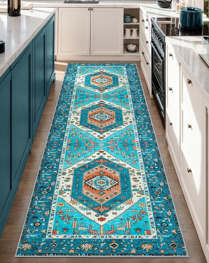 SERISSA 2'6"x8' Washable Non Slip Boho Runner Rug for Hallway，Blue | Ultra Soft Vintage Oriental Carpet Low-Pile Distressed Tribal Floor Carpet for Kitchen Bedroom Bathroom Laundry Room