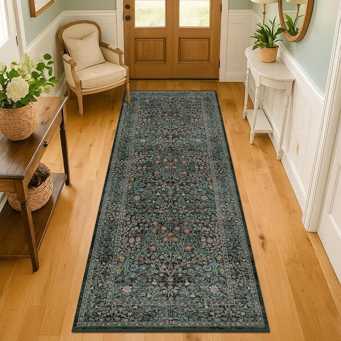8ft Long Runners for Hallways Non Slip, 2'6" x 8' Floor Runner for Kitchen, Entryway Indoor, Washable Rubber Backing Stain Resistant - Vintage Floral Dark Green & Black Wide Décor