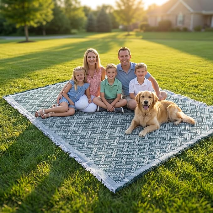 70x70 Bohemian Picnic Mat Extra Large, Sand Proof Outdoor Camping Blanket Machine Washable, Lightweight Portable Travel Tarp for 5-7 Adults Beach Park Grass (Green-T-Grid)