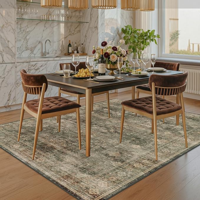 Vintage Olive Green Area Rugs for Living Room, Dining Room Under Table, 5x7 Washable Boho Dark Academia Distressed Geometric Large Rug, Stain Resistant Low Pile Anti-Slip Ultra Soft