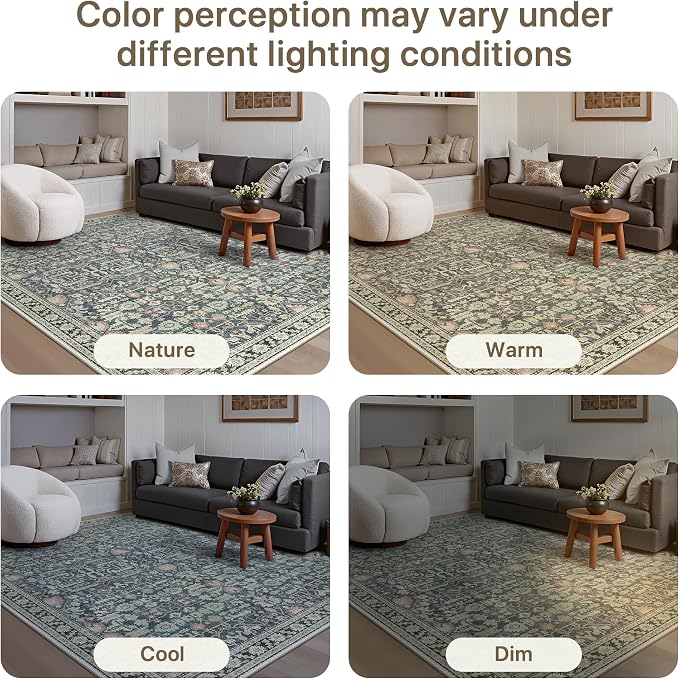 Round Rug 5ft-Machine Washable Area Rugs Non-Slip for Bedroom, 5x5 Vintage Floral Rug Distressed Throw Carpet for Living Room Nursery Kitchen Bathroom, Green/Blue