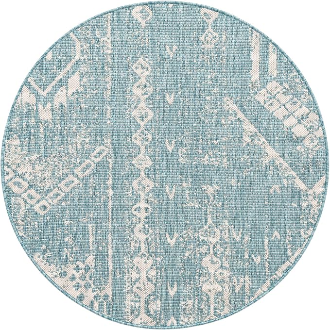 Unique Loom Outdoor Bohemian Collection Area Rug - Anthro (4' 1" Round, Light Aqua/ Ivory)