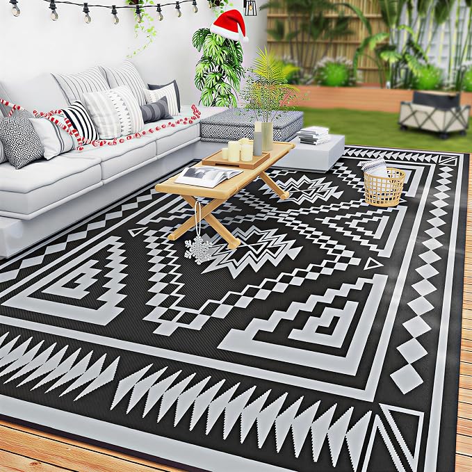 Outsunny Outdoor Rug for Patio, 9' x 18' Waterproof Large Mat, Reversible Plastic Straw Rug for Decor, Portable Outside RV Camping Area Carpet Mat for Backyard Porch Deck Picnic, Black & Gray Square