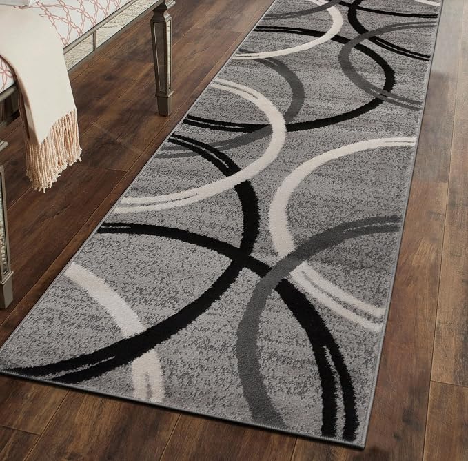Rugshop Wavy Circles Non-Shedding Living Room Runner Rug Gray 2' x 7'2" | Runner, Size 2' x 7'2", Bedroom, Dining Room, Home Office, Kitchen, Entryway, Hallway, Nursery, Kids Room, Guest Room