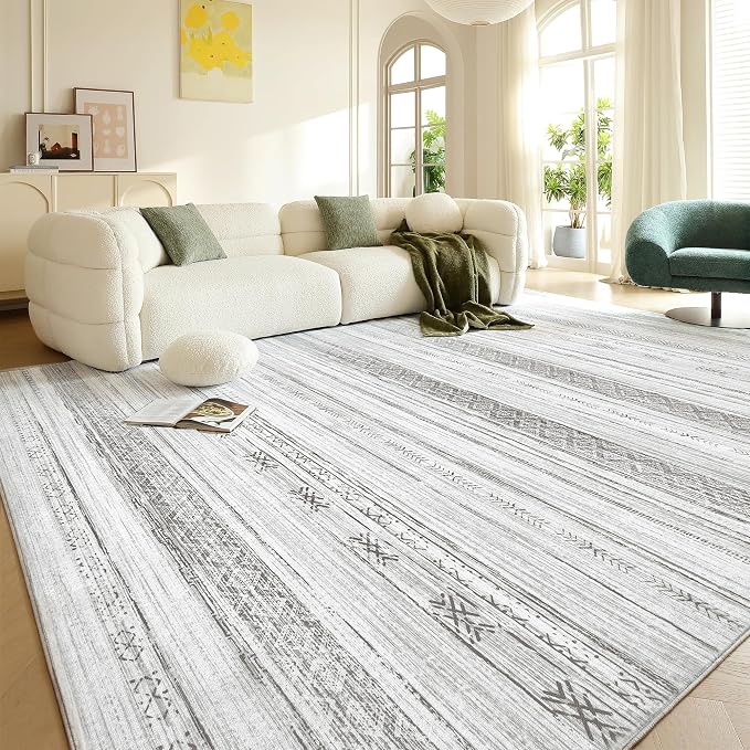 Boraya Area Rugs for Living Room: 8x10 Washable Boho Rug for Bedroom Large Neutral Bohemian Moroccan Farmhouse Geometric Dining Room Rugs Ultra Soft Floor Carpet Indoor for Home Office - Grey Ivory