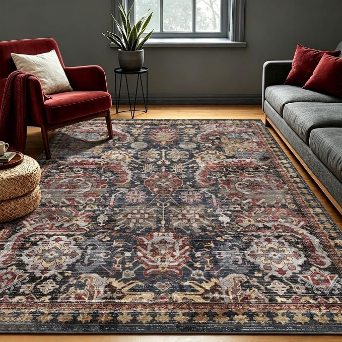 Washable Area Rugs - Perfect for Living Room, Bedroom, Kids Room, Nursery - Stain & Water Resistant Non-Slip, Pet & Child Friendly, Vintage Tribal Area Rugs (Rust, 5' x 7')