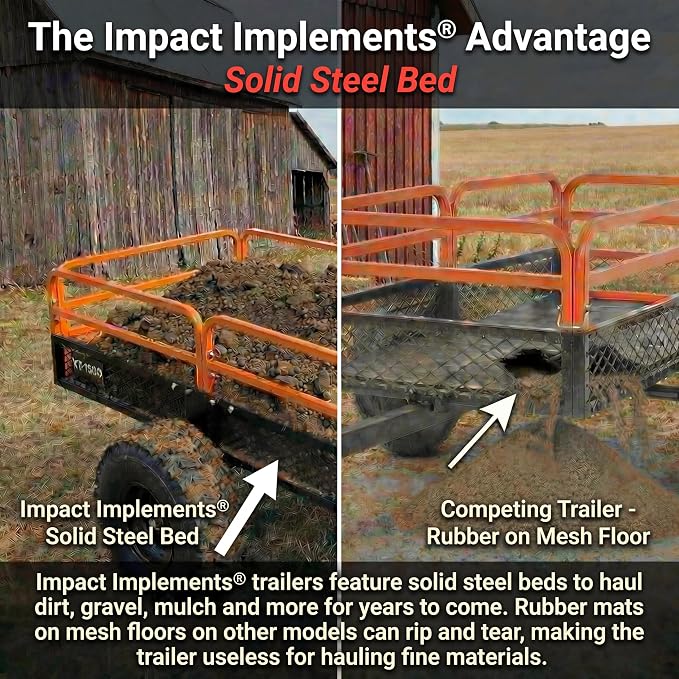 Impact IMPLEMENTS® 1500lb ATV/UTV/Tractor Trailer with Solid Steel Floor, Aggressive Tires, & Pivoting Tongue. Great for Agricultural Use & Land Management. Designed in Trademarked in The USA!