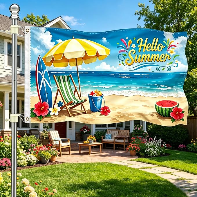 3×5Ft Hello Summer Beach Flag, Tropical Summer Themed Decorative Flag for Beach Party & Outdoor Garden Decor