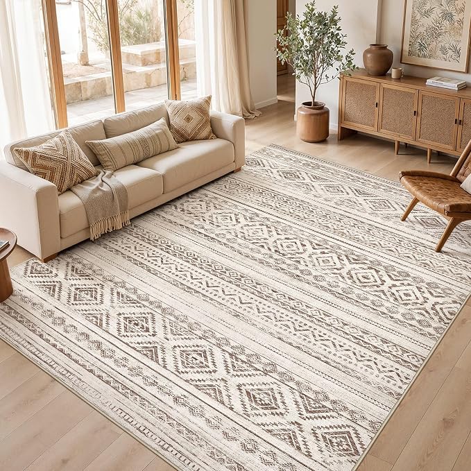 cotiled Boho 8x10 Area Rugs for Living Room: Large Moroccan Washable Rug | Stain Resistan Carpet for Bedroom Farmhouse Dining Room Dark Brown
