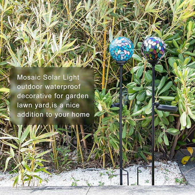 VCUTEKA Decorative Solar Garden Lights, 3.5" Mosaic Globe Stake 2 Pack | Mosaic Glass Design, Solar LED Light, Weather Resistant, Auto On/Off and Metal Stake Design for Lawn and Patio