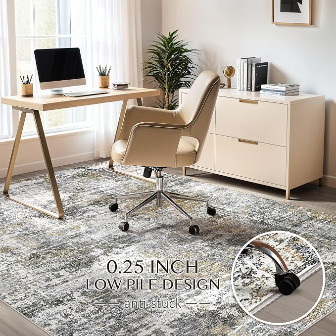 kakania Abstract 5x7 Area Rugs for Living Room: Washable Rugs Black Gold | Soft, Non-Slip, Low-Pile, Pet & Kid Friendly - Modern Home Decor Carpet for Bedroom/Dining Room/Office/Nursery