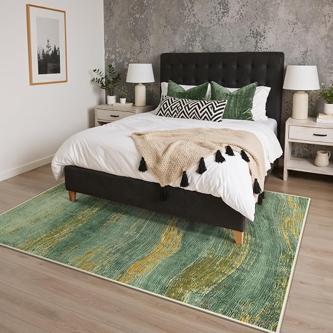 BEIMO 9x12 Washable Area Rug for Living Room, Wave Abstract Teal Gold | Soft Machine Washable Modern Rug,Streaks Pattern Non Slip Indoor Carpet for Dining Room Playroom Bedroom Office
