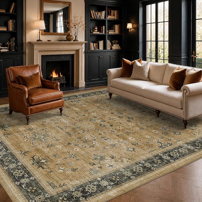 Rustic Brown and Charcoal Olive 7x9 Area Rug for Living Room, Washable Bedroom Carpet, Oriental Large Area Rug for Dining Room Under Table, Non-Slip Stain Resistant