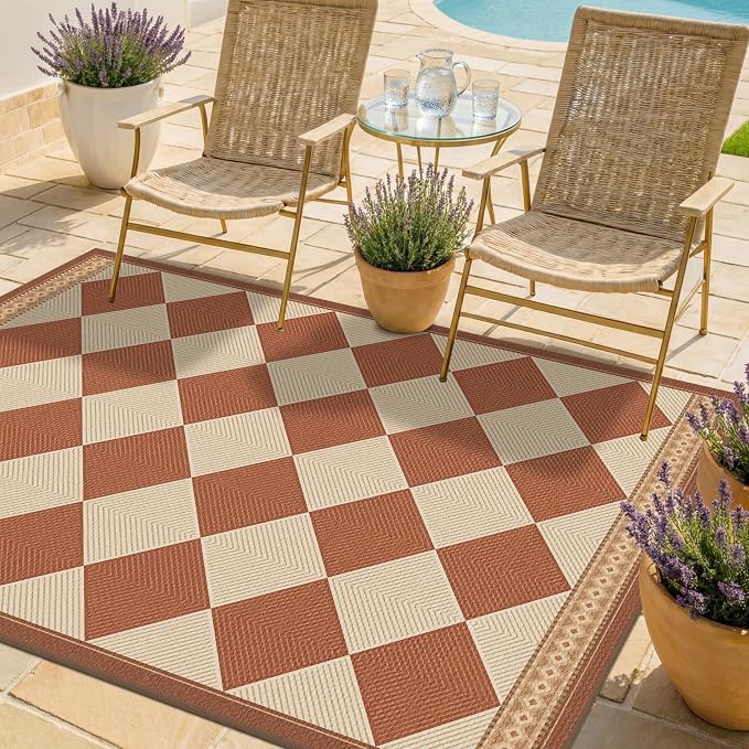 Terracotta Beige Diamond Checkered 3x5 Entryway Rug, Boho Easy Jute Indoor Outdoor Rug, Modern Farmhouse Washable Non Slip Porch Patio Rug for Kitchen, Balcony, Bedroom, Laundry Room, Mudroom