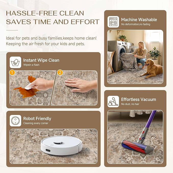 Brown Runner Rug 2x8 Kitchen Vintage Floral Non-Slip Carpet | Machine Washable, Soft, Low Pile, Distressed, for Hallway, Entryway, Laundry Room, Bathroom, Retro Farmhouse Decor