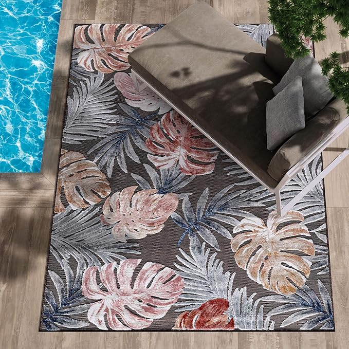 CAMILSON Indoor Outdoor Rug, Brown 7’10”x10’ Leaf Tropical Botanical Area Rugs for Indoor and Outdoor patios, Easy-Cleaning Non-Shedding Living Room, Garden and Kitchen Washable Outside Carpet (8x10)