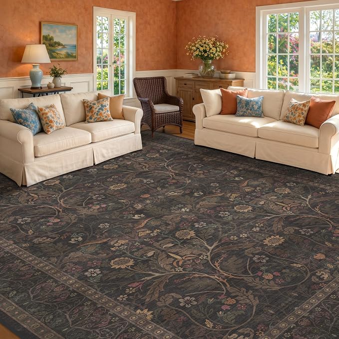 Washable 8x10 Area Rugs for Living Room, Black and Brown Rug for Bedroom Dining Room, Moody Dark Floral Farmhouse Western Style Decor, Large Gold Southwest Non Slip Low Pile Soft Carpet (Dark Brown)