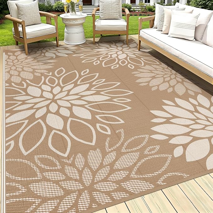 HEBE Waterproof Outdoor Rug 8x10 for Patios, Floral Reversible Plastic Straw Rug Patio Mat, Indoor Outdoor Carpet RV Mat Camping Rug for Deck, Camper, Porch, Balcony, Backyard, Picnic