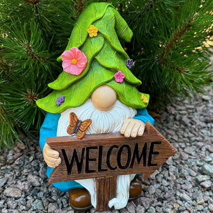 Mood Lab Garden Gnome - Solar Gnome Figurine with Welcome Sign - 9.1 Inch Decor Outdoor Lawn Statue with LED Lights
