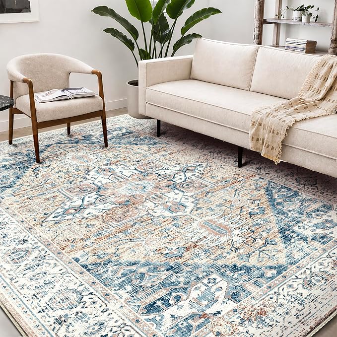 CHAMPLANT Retro Washable Area Rug 4X6 Washable Living Room Boho Chic Medallion Distressed DesignIndoor Non-Slip Large Accent Throw Rug for Kitchen Bedroom Office Carpet