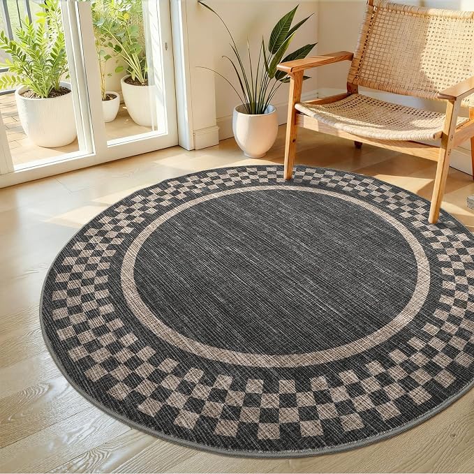 GarveeHome 6ft Washable Round Rug for Entryway Checkered Bedroom Circle Rug | Non Slip Soft Dining Room Round Throw Carpet Large Stain Resistant Border Round Rugs for Living Room Kitchen Bathroom, Black