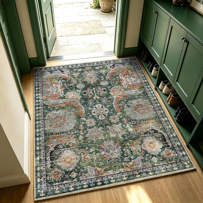 Washable Area Rugs - Perfect for Living Room, Bedroom, Kids Room, Nursery - Stain & Water Resistant Non-Slip, Pet & Child Friendly, Vintage Tribal Area Rugs (Green, 4' x 6')