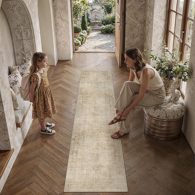 2x8 Beige Vintage Runner Rug | Washable, Non Slip, Soft Low Pile, Neutral Farmhouse, for Hallway Kitchen Laundry Bathroom Bedroom Living Room Home Decor