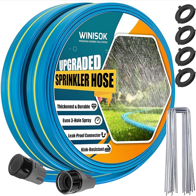 Winisok Flat Sprinkler & Soaker Hose for Garden, Heavy Duty 3-Tube Lawn Irrigation Hose with Landscape Stakes, No-Kink Flexible Watering Hose for Yard, Plants & Kids Summer Fun 15FT