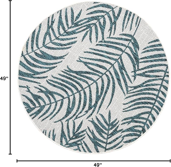 Unique Loom Outdoor Botanical Collection Area Rug - Palm (4' 1" Round, Teal Ivory)