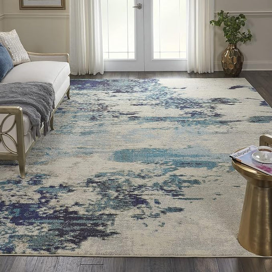 Nourison Home Celestial Modern Abstract Ivory/Teal Blue 10' x 14' Area Rug, Easy Clean, Non Shedding, Bed Room, Living Room, Dining Room, Kitchen (10x14)