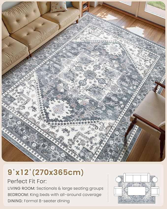 Washable Area Rug-9X12 Vintage Neutral Soft Blue | Non Slip Thin Foldable Large Floor Carpet for Living Room Bedroom Kitchen Dining Room Home Office Farmhouse Indoor