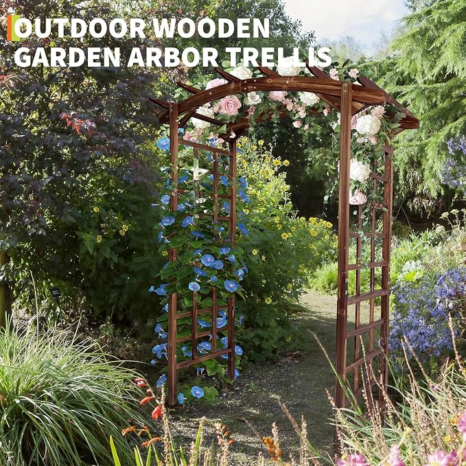 Garvee 85 in Wooden Garden Arbor,Solid Fir Wood Trellis for Plant Climbing,Wedding Ceremony Decoration Pergola for Garden Backyard,Lawn, Dark Brown