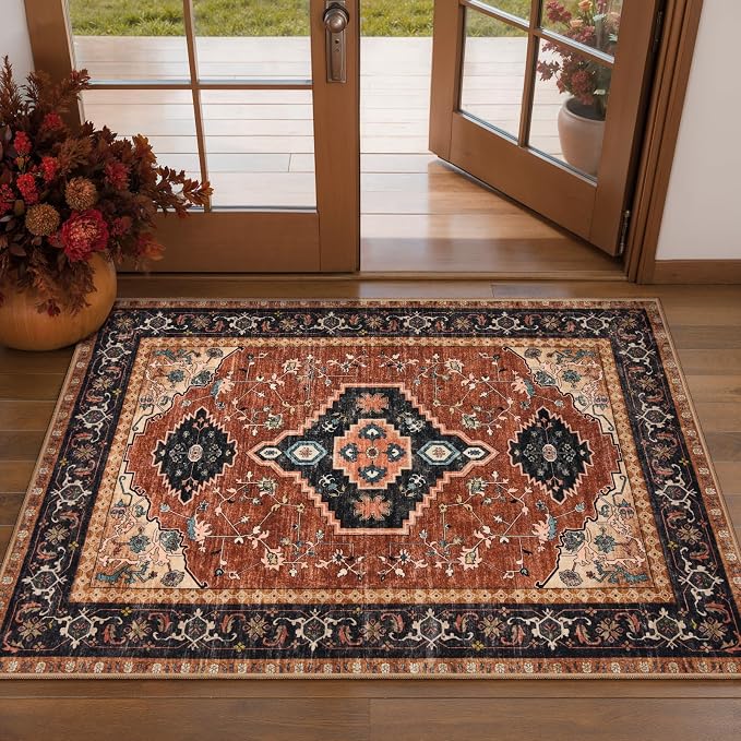 Tangsoo Oriental 2x3 Washable Rugs for Entryway, Non Slip Small Area Rug | Orange Vintage Indoor Front Door Rug, Boho Print Door Mat Carpet, Soft Low Pile Throw Rugs for Entrance Entry Kitchen Bedroom