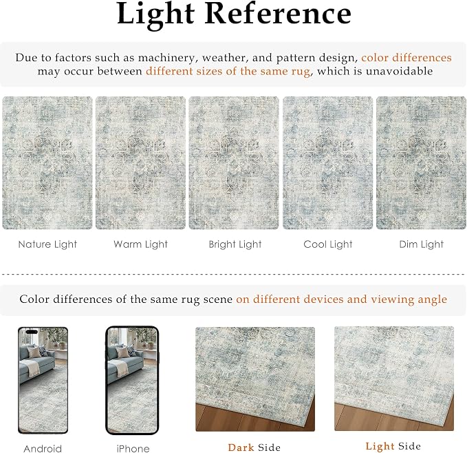 9x12 Blue Vintage Area Rug | Washable, Non Slip, Soft Low Pile, Neutral Farmhouse, Large, for Living Room Bedroom Dining Room Office Indoor Home Decor