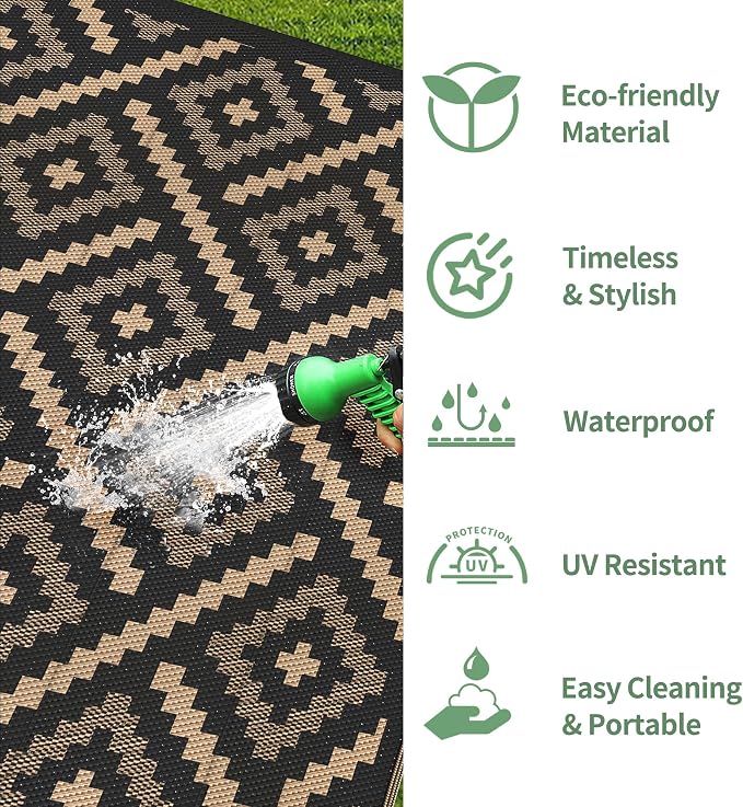 GENIMO Outdoor Rug for Patio Clearance, 6'x9' Waterproof Camping Mat, Reversible Plastic Straw Rugs for RV, Camper, Balcony, Backyard, Picnic, Deck (Mix Black Brown)