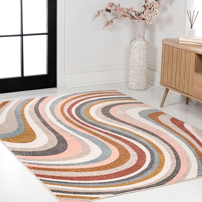 JONATHAN Y Flow Abstract Swirl Indoor Area Rug 8x10, Red/Beige/Blue, Modern, Coastal, Easy-Cleaning for Living Room, Bedroom, Kitchen, Pet Friendly, Non-Shedding (DZC100B-8)