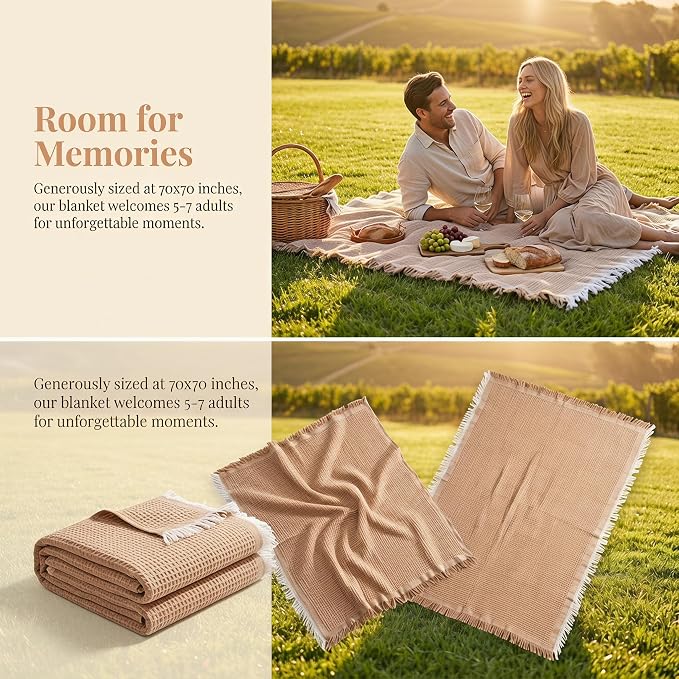 70"x 70" Picnic Blanket Extra Large,Layer Outdoor Blanket for 5 to 7 Adults,Camping Grass Lawn Park Accessories Cute Couple Gifts Ideas Wedding Registry for Park, Beach (Khaki)