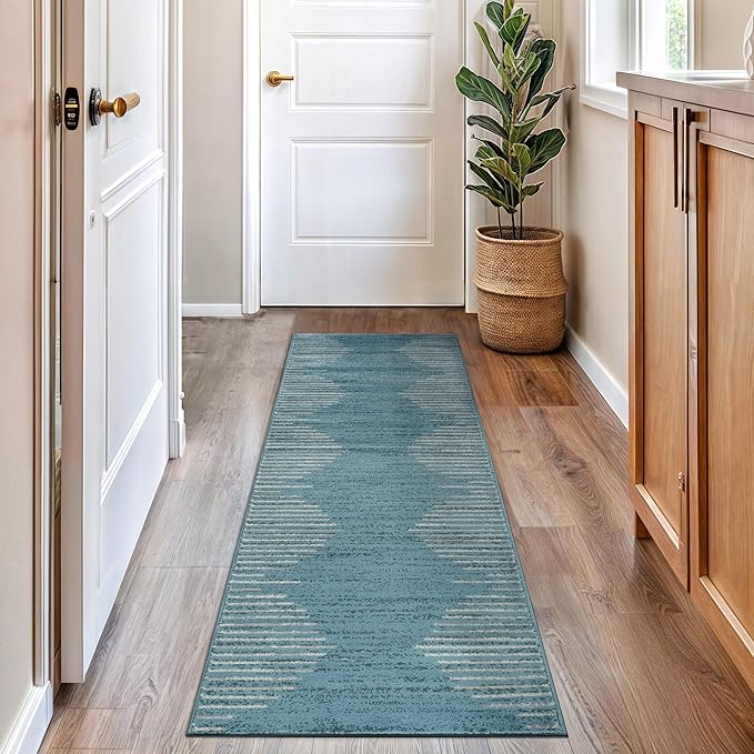 Rugshop Bohemian Stripe Stain Resistant High Traffic Area Rug Blue 2' x 7' | Rectangular, Size 2' x 7', Living Room, Bedroom, Dining Room, Home Office, Kitchen, Entryway, Hallway, Nursery, Kids Room