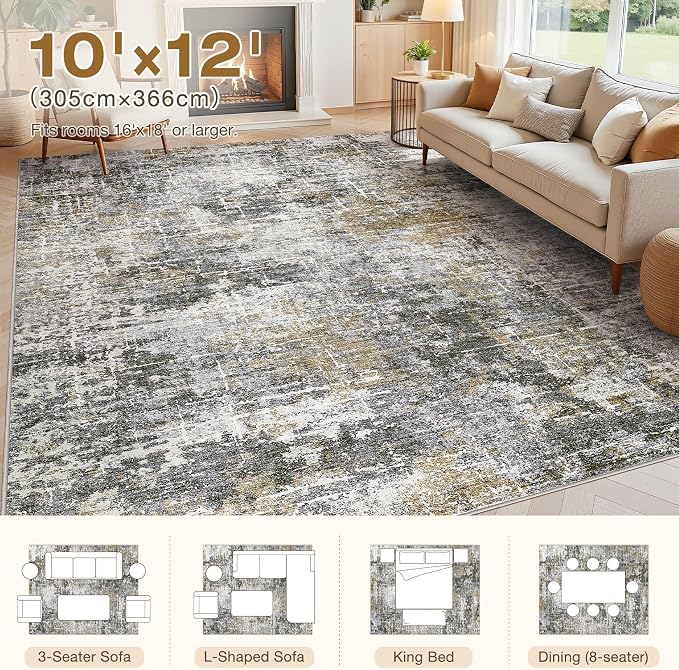 kakania Abstract 10x12 Area Rugs for Living Room: Washable Rugs Black Gold | Soft, Non-Slip, Low-Pile, Pet & Kid Friendly - Large Modern Home Decor Carpet for Bedroom/Dining Room/Office/Nursery