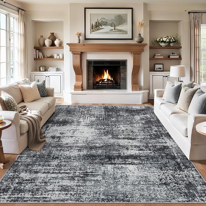 PLHXFR Area Rug Living Room: 4x6 Abstract Washable Carpet Dark Black | For Bedroom Dining Room Farmhouse Nursery Home,Machine washable,Non Slip,Large Soft Neutral,Stain Resistant, Indoor Floor