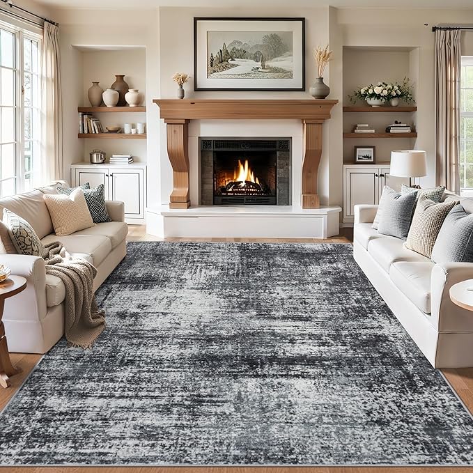 PLHXFR 6x9 Area Rug Living Room: Abstract Washable Carpet Dark Black | For Bedroom Dining Room Farmhouse Nursery Home,Machine washable,Non Slip,Large Soft Neutral,Stain Resistant, Indoor Floor