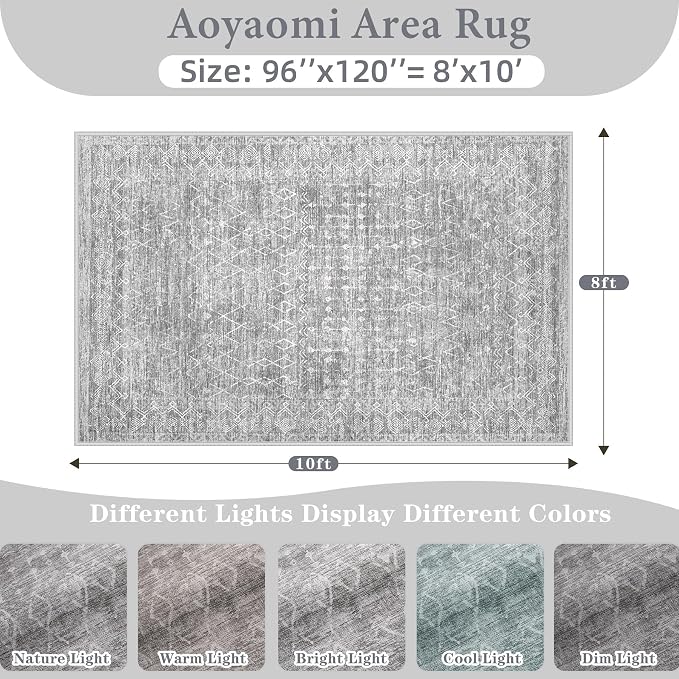 Area Rug Living Room Rugs 8x10 - Large Soft Boho Geometric Rug, Non-Slip Foldable Washable Rugs Non Shedding Morden Indoor Floor Carpet for Living Bedroom Office Dining Room (Moroccan Grey, 8'x10')