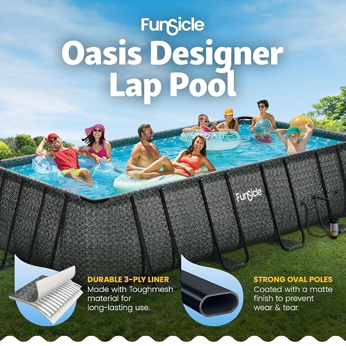 Funsicle Oasis Designer Lap 18' x 9'x 52" Rectangular Above Ground Swimming Pool, with FiltraBoost 1200 GPH Filter Pump, Ladder, Maintenance Kit, Cover, Ground Cloth & Repair Patch, Dark Herringbone | With FiltraBoost 1200 GPH Pump, Ladder, Maintenance...