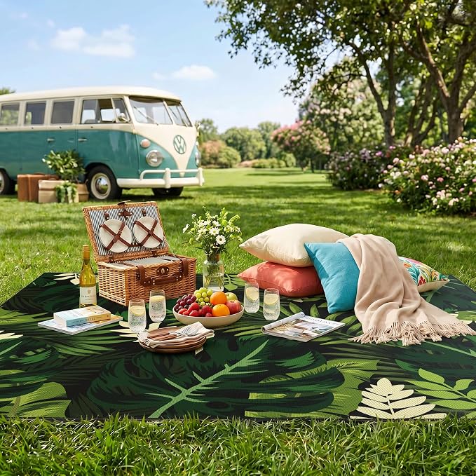 Arenarug 9x12 Monstera Tropical Outdoor Rug – Waterproof Non-Slip Machine Washable Patio Rug, UV & Stain Resistant Outdoor Carpet for Patio Deck Balcony Backyard, Dark Green