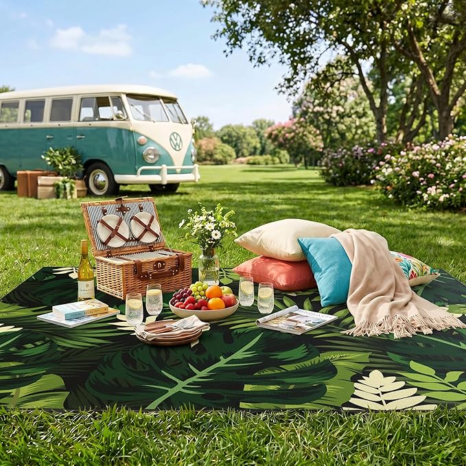 Arenarug 4x6 Monstera Tropical Outdoor Rug – Waterproof Non-Slip Machine Washable Patio Rug, UV & Stain Resistant Outdoor Carpet for Patio Deck Balcony Backyard, Dark Green