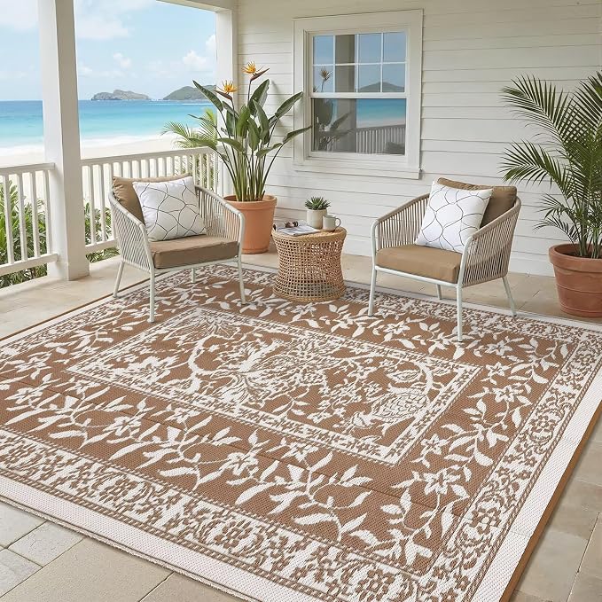 Garvee Outdoor Rug 5x8, Waterproof Reversible Foldable Plastic Straw Rug, Botanical cottagecore Outdoor Rugs Patio Camping RV Carpet for Deck Camper Porch Balcony Backyard Picnic Beach Coffee