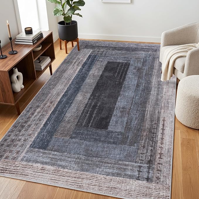 Neutral Geometric Blue 6x9 ft Large Rug for Living Room Bedroom | Contemporary Modern Area Rugs Vintage Washable Soft Faux Wool Low Pile Indoor Carpet for Dining Room Office Home Decor
