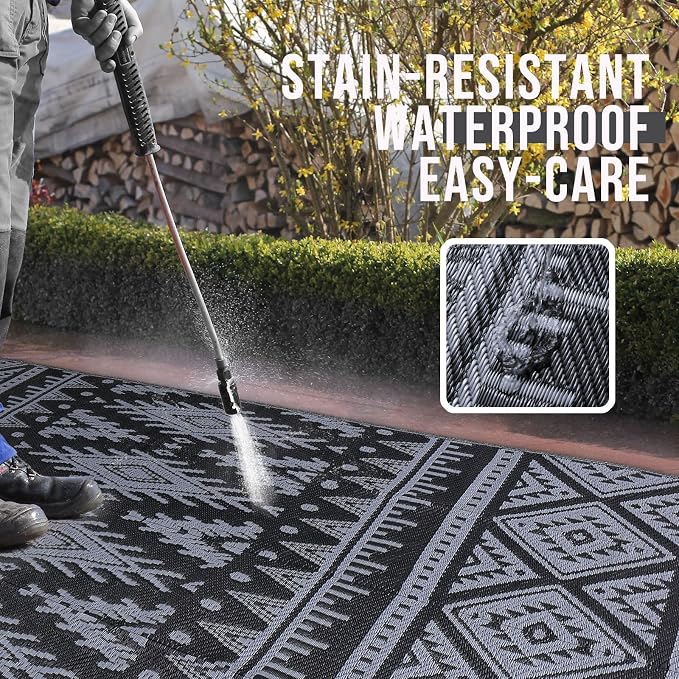 OLANLY Outdoor Rug Waterproof 8x10 ft, Reversible Outdoor Plastic Straw Rug, Boho Patio Rug, Indoor Outdoor Carpet, RV Mat Outside for Patio, Camp, Picnic, Balcony, Deck, Backyard, Black & Grey